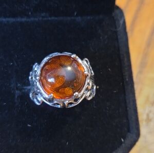 Sterling Silver Amber Dome Ring - Cognac Brown